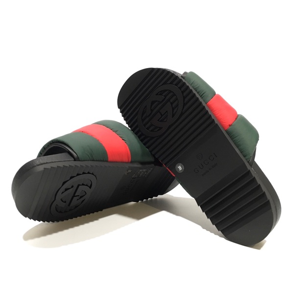 GUCCI PADDED WEB SLIDE SANDALS -GREEN / RED PUFFER NYLON -WOMEN’S US 8 -NEW - Picture 7 of 7